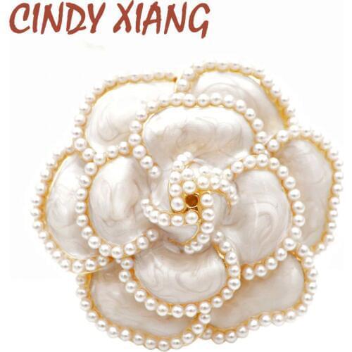 CINDY XIANG New Arrival Pearl Enamel Camellia Brooches For Women Elegant Flower Pins Fashion Jewelry Coat Accessories Brooch