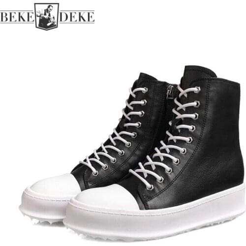High Street Women Thick Platform High Top Lace Up Ankle Boots Punk Style Boyfriend Style Shoes Round Toe Genuine Leather Boots