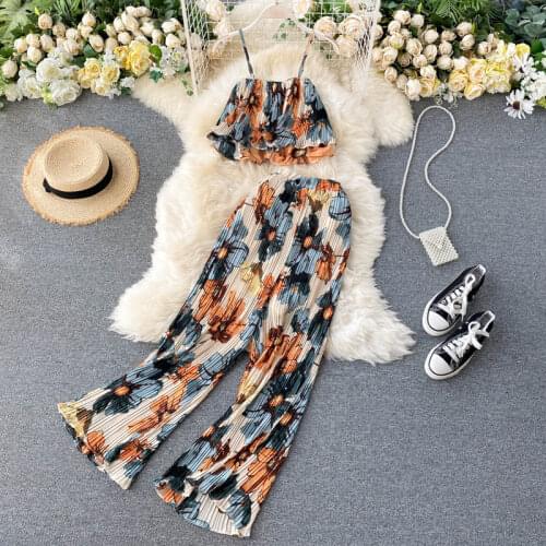 New Summer Vacation Women Sets Designer Floral Pleated Strap Short Camisole And High Waist Wide Leg Long Pants Two Piece Set