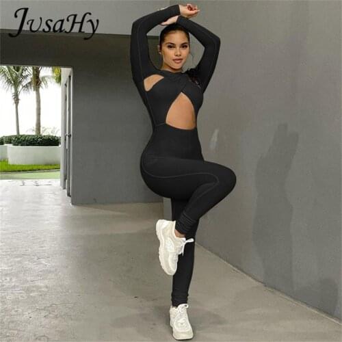 JuSaHy Solid Hollow Out Jumpsuit for Women Sexy Long Sleeves Criss-Cross Neck Skinny Slim Casual Streetwear Female Outfits New