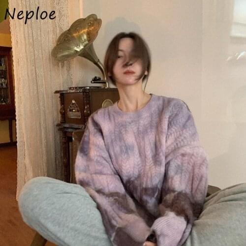 Neploe Tie-dye O-Neck Woman Sweaters Fall/winter 2021 Korean Long Sleeve Loose Purple Sweater Women Twist Knitted Pullover Top