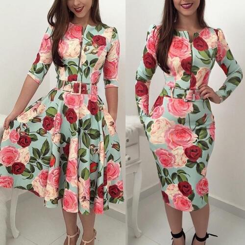 Fashion Women Dress Floral O Neck Long Sleeve High Waist Zipper Dress Sexy Ladies Party Clubwear Femme Clothes Autumn