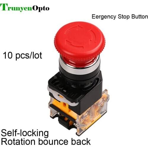 10pcs/lot Emergency Stop Button Switch Self-locking and Bounce Back after Rotation Mushroom Head Opening Size 22MM Sterling Si