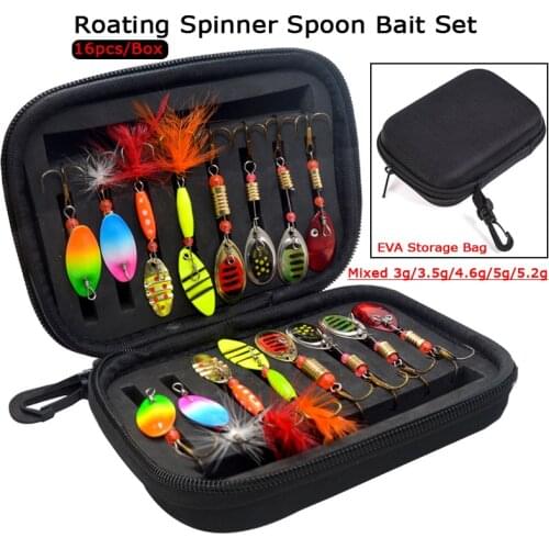 16pcs/Box Fishing Lures Spinners Spoon Baits Set Rotating Sequins with EVA Tackle Bag Trout Bass Salmon Pike Walleye 3g - 5.2g