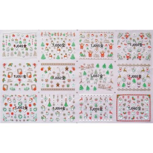 12 SHEETS / LOT GOLDEN & SILVERY INAID 3D METALLIC NAIL DECAL SELF ADHESIVE STICKER CHRISTMAS XMAS SANTA DEER SNOW MAN TJ49-60