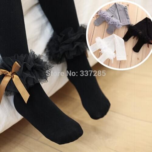 Kids girls lovely bow pantyhose big lace baby girls floral tights cute princess flowers cotton autumn warm pantyhose for child