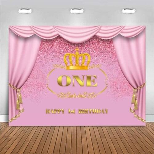 Happy 1st Birthday Backdrop Newborn Baby Pink Glitter Birthday Photography Backdrop Crown Decor Photo Background Photo Studio
