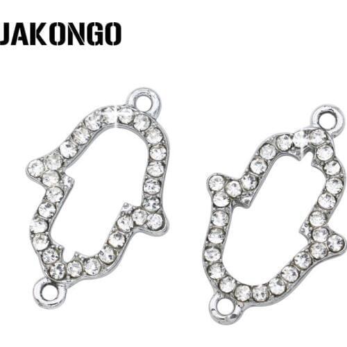 JAKONGO Silver Color Crystal Hamsa Hand Connector for Jewelry Making Earrings Accessories Findings DIY 22x14mm 5pcs/lot