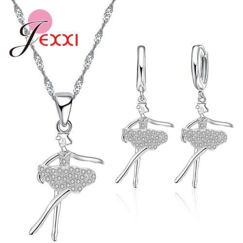 Latest Jewelry Set 925 Sterling Silver Cubic Zircon Dancing Girl Ballet Pendant Necklace Earring Women Prevent Allergies