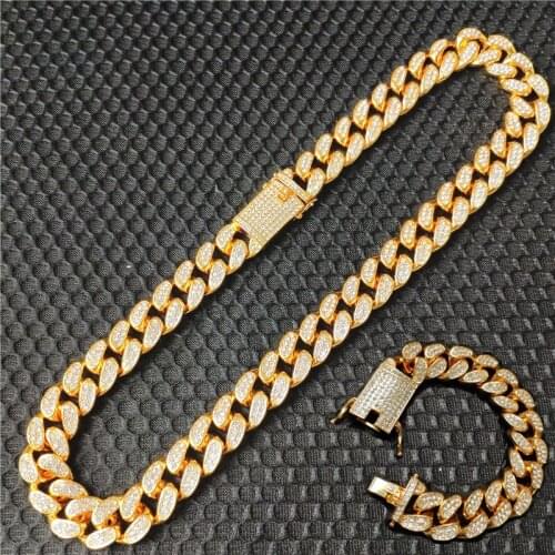 2pcs Kit 20MM Hip Hop Full Heavy Iced Out Paved Rhinestone CZ Miami Curb Cuban Chain Rapper Bracelet Necklaces For Men Jewelry