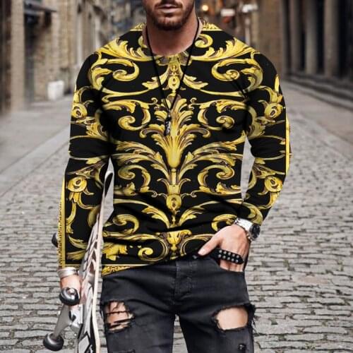 Summer New Mens T Shirts Plus Size Loose Clothes Vintage Long Sleeve Fashion Ethnic Style Printed O Collared Tshirts For Men