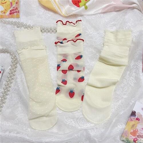 Cute Strawberry Socks Women Lolita Dot Fungus Short Socks Femme Transparent Thin JK Silk Socks Ankle Dress Calcetine Medias