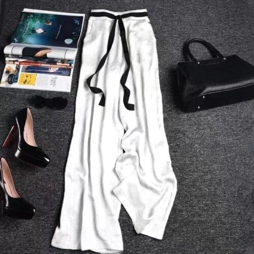 Refreshing and breathable draped knitted wide-leg pants women Silk Full Length Sashes Wide Leg Pants WOMEN