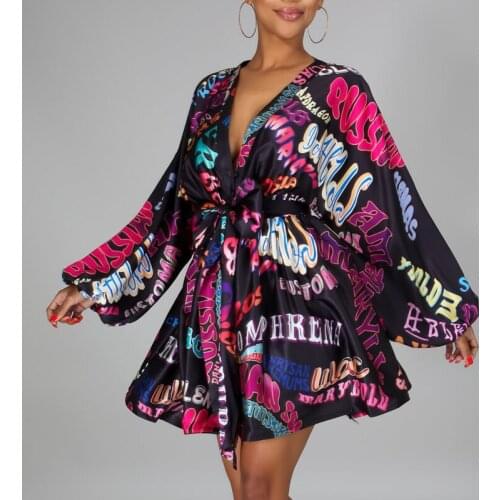 Women long sleeve streetwear printed dress Summer short A-line dress with sashes Sexy high waist designer wrap dress for women