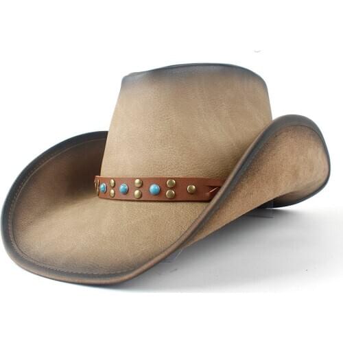 Retro Unisex Western Cowboy Wide Brim Hat With Punk Band Leather Sombrero Cowgirl Hat