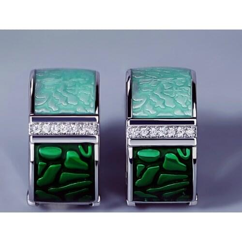 Luxury Real 925 Sterling Silver Earrings Women Exquisite Handmade Green Enamel CZ Stud Earring Retro Engagement Bridal Jewelry