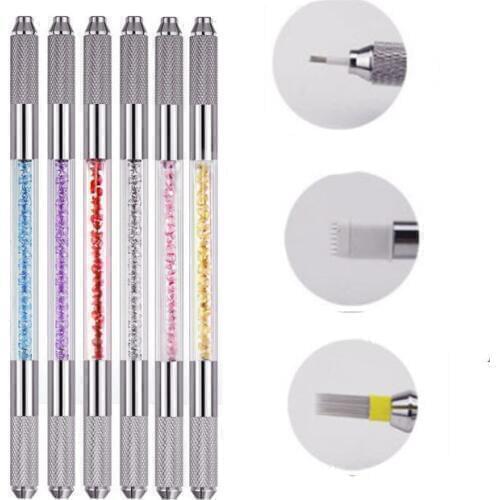 10pcs Microblading Pen Double-headed Crystal Acrylic Tattoo Manual Pen Permanent Makeup for 3D Eyebrow Lip Flex Round Needles