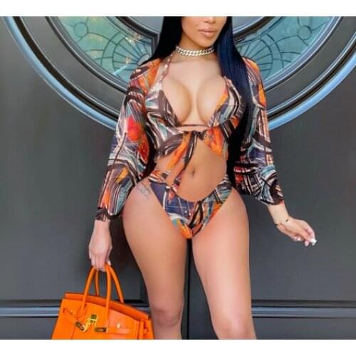 Sexy Womens Bikini Set with Cover Up Printed Lace Up Halter Swimsuit Push Up Padded Swimwear Summer Bathing Suit Beachwear