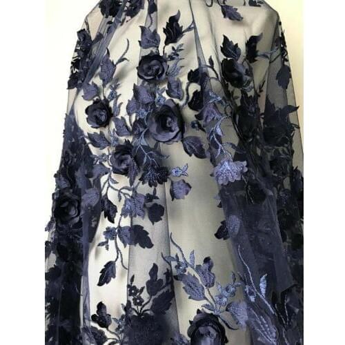 3D Rose Flower Fabric, Navy Blue Lace Fabric, Floral Leaf Lace Fabric, Navy Floral Wedding Fabric By Yard