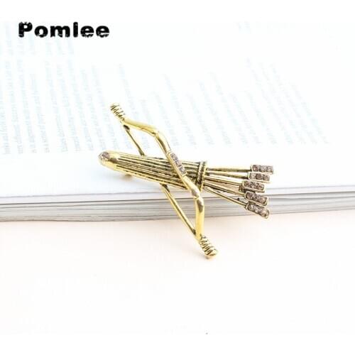Pomlee Vintage Metal Bow and Arrows Brooches Crystal Clothes Suit Shirt Collar Lapel Pin Badge Jewelry Men Women Accessorise