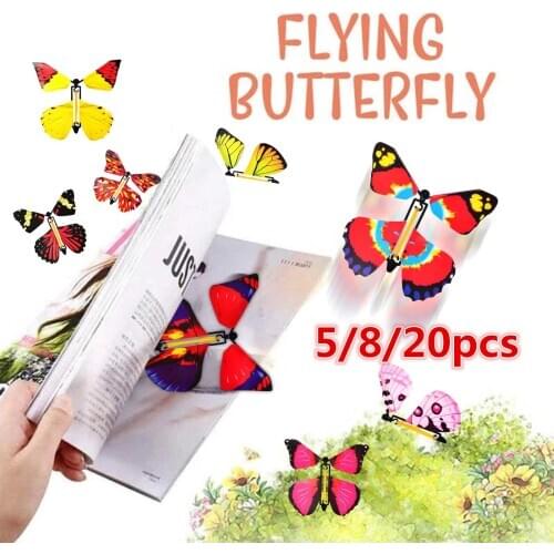 Magic Flying Butterfly Card Clockwork Rubber Band Powered Spinning Butterfly Funny Home Fun Magical Kids Toys Magic Tricks 20PCs