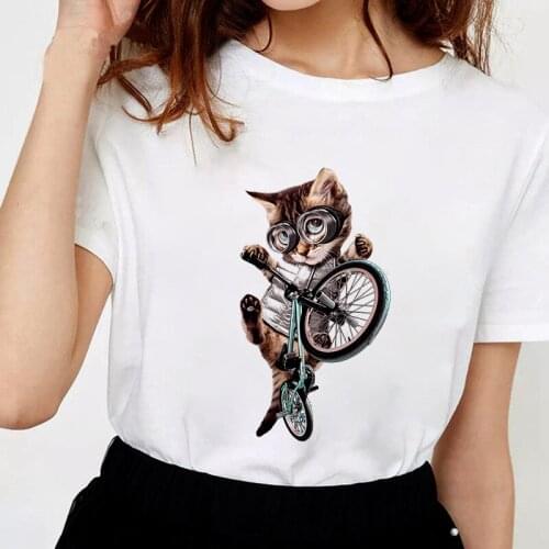 Women T-Shirt Cat riding a bike Print Tshirt Female Aesthetic T Shirt with short sleeve Harajuku Graphics Tops Oversized t-shirt
