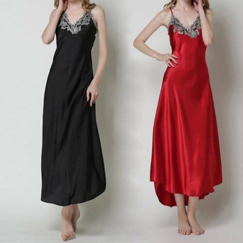 Womens nightdress lace satin Comfortable long paragraph slip dress