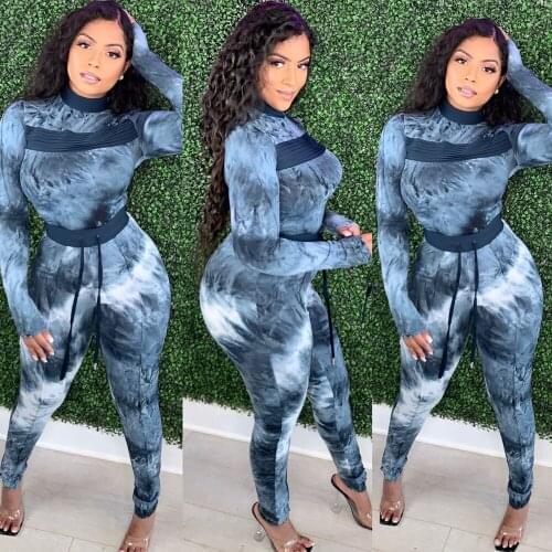 Tie Dye Sporty Casual Two Piece Set for Women Matching Sets Long Sleeve Sweatshirt Top Drawstring Leggings Female Sportswear