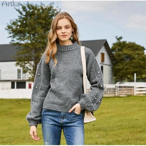 ARTKA 2019 Autumn Winter New Women Sweater Vintage Bead Lantern Sleeve Knitted Sweaters O-Neck Pullover Mohair Sweater YB15493Q