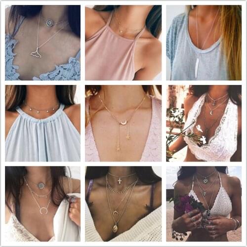 Hot Fashion Gold Color Multilayer Coin Tassels Lariat Sexy Necklaces Moon Choker Elephant Feather Pendants Necklaces For Women