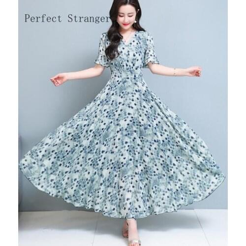 2021 Summer New Arrival M-3XL High Quality V Collar Flower Printed Short Sleeve Women Chiffon Long Dress