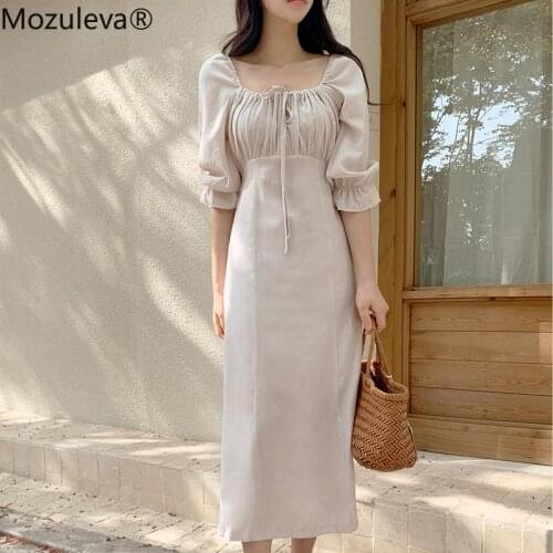 Mozuleva Vintage Shirring Chest Butterfly Sleeve Dress Women Summer Short Sleeve Slim Waist Dresses 2021 Female Party Vestidos