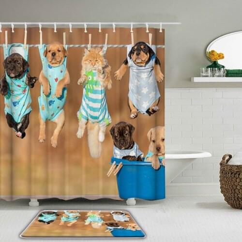 2/Pcs Cute Cats Dogs Shower Curtains Set With Hooks Bathroom Waterproof Animals Bath Curtains Non-slip Mat Toilet Decor Bath Mat