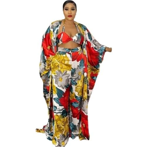 African Dresses for Women 4 Piece Set 2021 Summer Clothes Muslim Maxi Dress Sets Pants Suits Abaya Dubai Robe