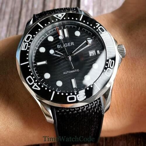 Automatic Watch For Men Japanese Genuine NH35A Miyota8215 Black Dial Date Sapphire Glass Rubber Strap Green Lume Ceramic Bezel