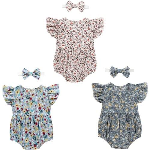 Newborn Baby Girl Clothes 2Pcs Flower Printed Romper Set Fly Sleeve O-Neck Bodysuit with Headband for 0-24M Babies Summer Wear