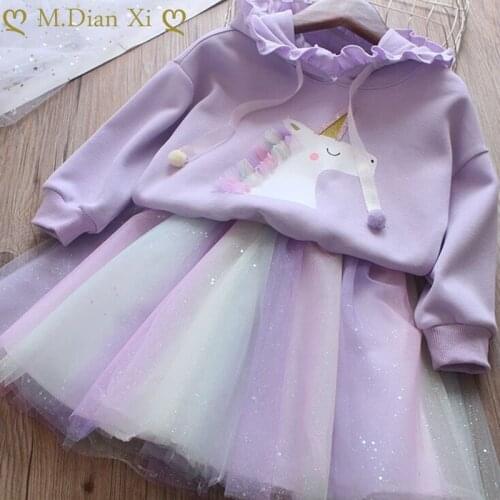 Girls Clothing Sets Unicorn Print Hooded Sweatshirt Top+Rainbow Mesh Skirt2Pcs for Kids Clothing Sets Baby Clothes Outfits 2-7Y