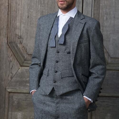 ANNIEBRITNEY Grey Fall Winter Tweed Business 3 Piece Suit 2020 New Peaked Lapel Formal Tweed Suit Groom Wedding Cutsom Tuxedo