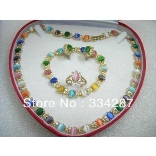 Vogue Multicolor Opal Necklace Bracelet Earring Ring(6-8#) set