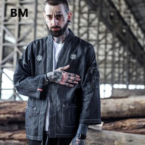Fashion Embroidered Denim Kimono Chinese Style Cardigan 2020 Couple Clothes Summer Japanese Streetwear Short Sleeve Coat Men