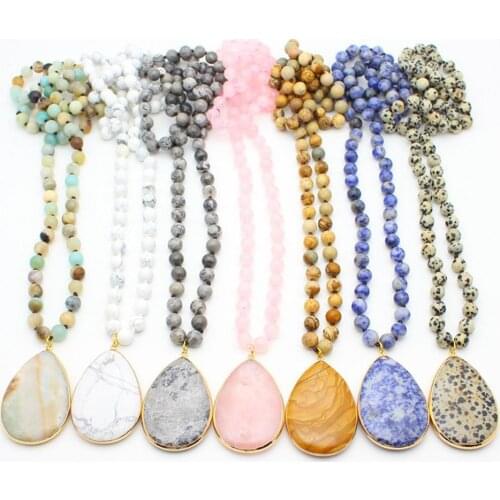 Boho Handmade Beaded Necklace Natural Ocean Picture Stone Pendant Long Strand Amazonite Bead Necklace for Women