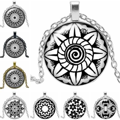 2019 New Sacred Geometry Black Charm Flower Necklace Jewelry Pendant Crystal Convex Round Glass Necklace Childrens Gift