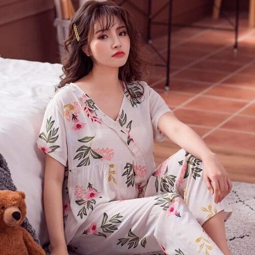 Pajamas Womens Spring and Autumn Short Sleeve Trousers Cotton Silk Tracksuit Piece Summer Thin Section Artificial Cotton Bouret