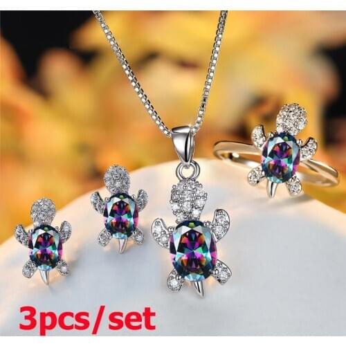 Multicolor Zircon Oval Stone Cute Turtle Necklace Earrings Ring Bridal Jewelry Sets For Women Wedding Rainbow Crystal Animal Set