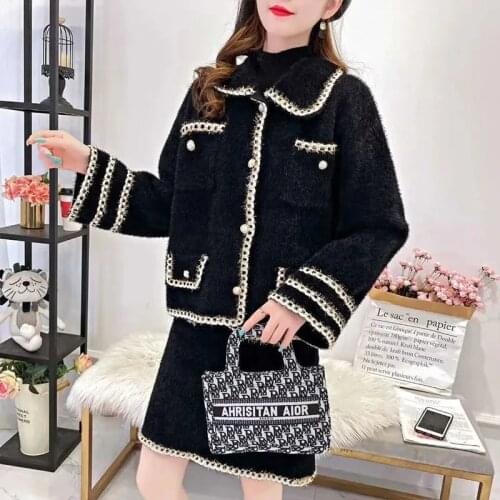 Chic Faux Mink Fleece Set 2 Piece Suit Women Outfit Autumn Winter Vintage Pearl Button Jacket + A-Line Skirt Suit Office Ladies