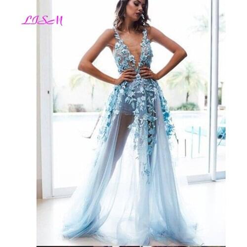 Sexy Blue Tulle Long Prom Dresses Sexy V-Neck Ilustion Flower Special Occasion Evening Gowns Custom Made Party Dress