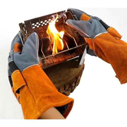 Cowhide Heat-resistant BBQ Gloves Outdoor Flame-retardant Insulation Cooking Picnic Barbecue Gloves Protective Anti-Scald Gloves