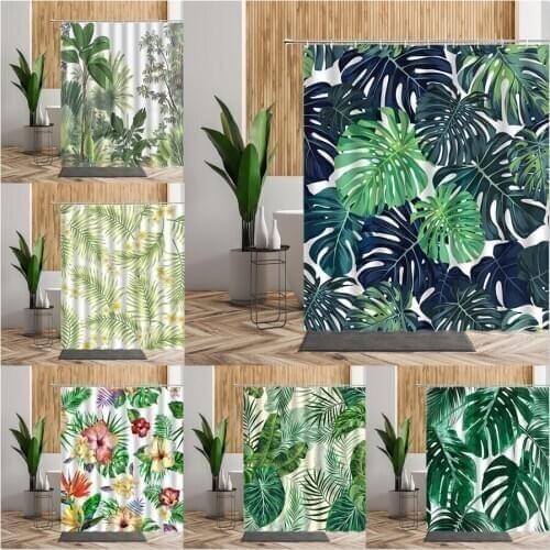 Tropical Plant Shower Curtain Set Green Palm Leaves Flower Tree Forest Printed Bathroom Decor Waterproof Polyester Bath Curtains