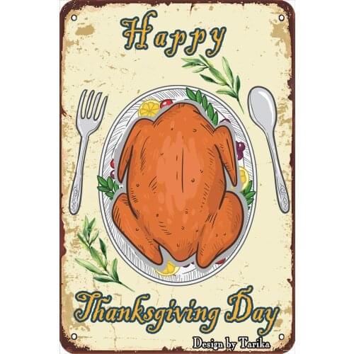 Happy Thanksgiving Roast Turkey Vintage Look 20X30 cm Metal Decoration Art Sign for Home Kitchen Bathroom Farm Garden Garage