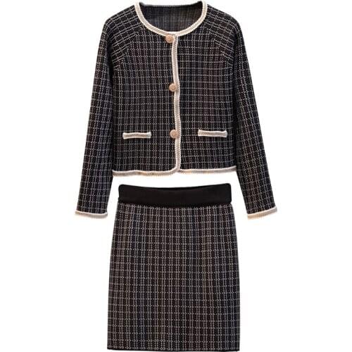 PERHAPS U Women Black White Plaid Knitted Button Jacket Empire Mini Skirt Elegant Two Pieces Set T0313